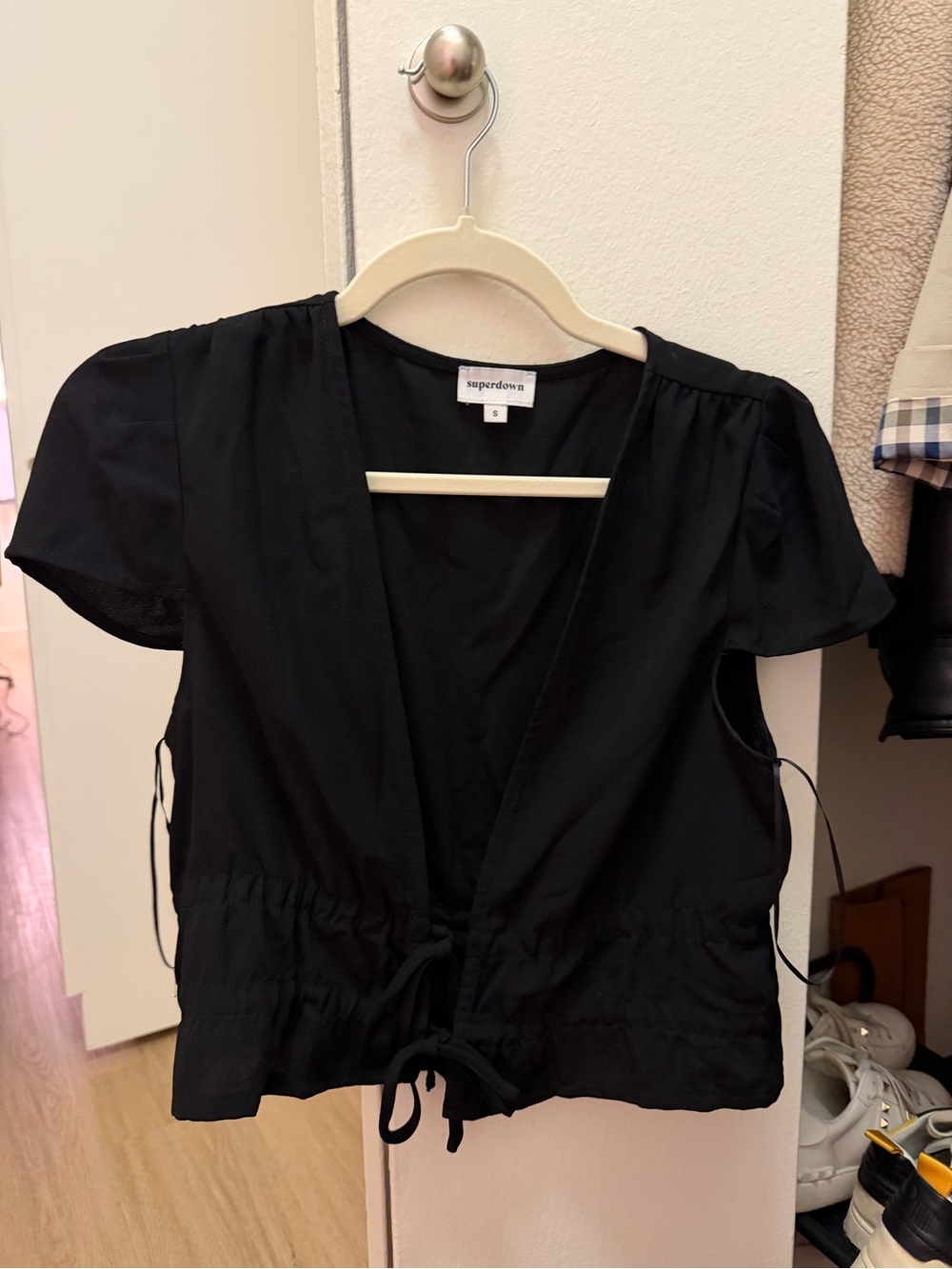 superdown Black Drawstring Short Sleeve Blouse